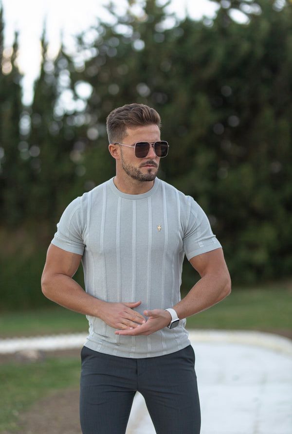 Father Sons Classic Short Sleeve Light Grey Knitted Wide Rib Crew with Gold Emblem - FSH560