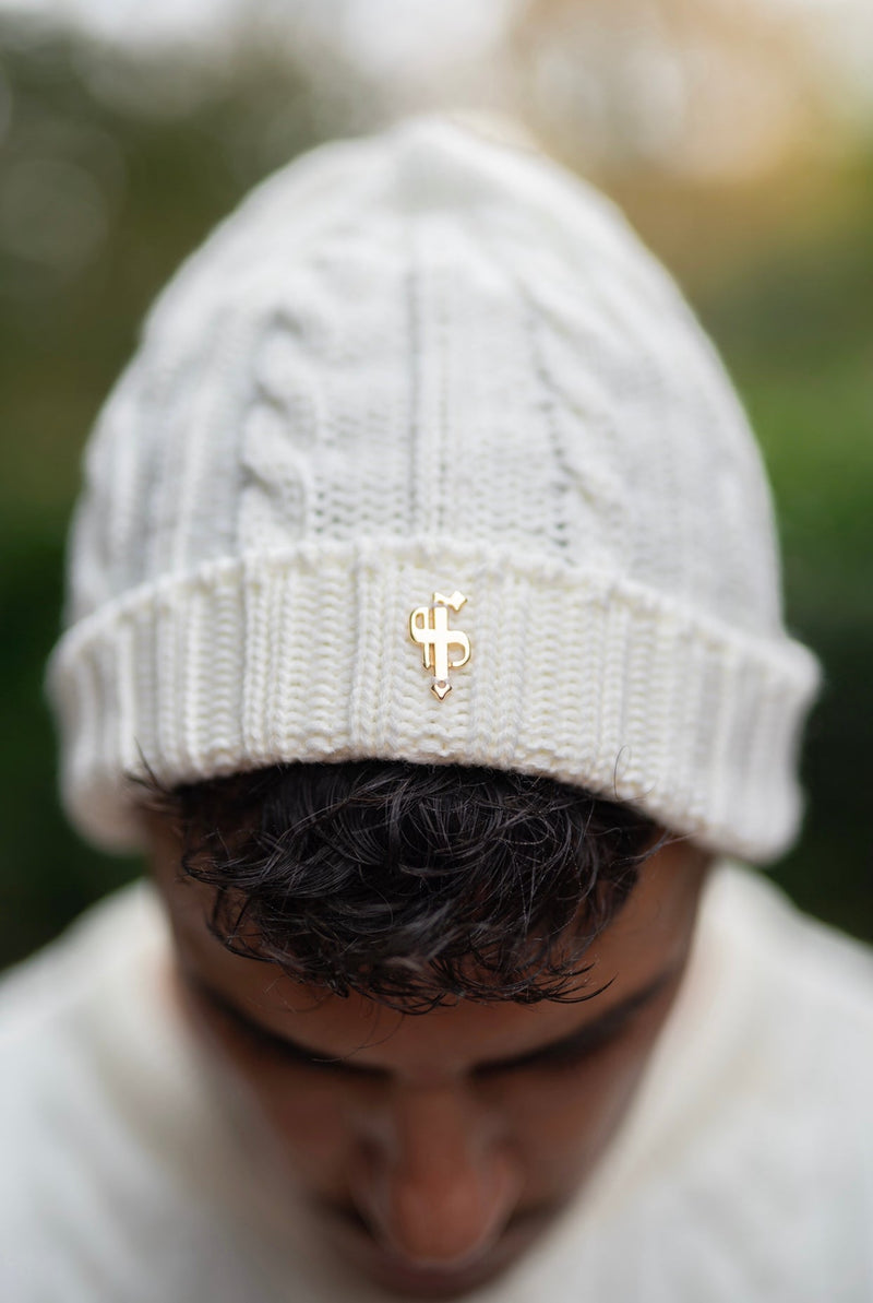 Father Sons Cream Beanie Hat With Metal Emblem - FSJ057