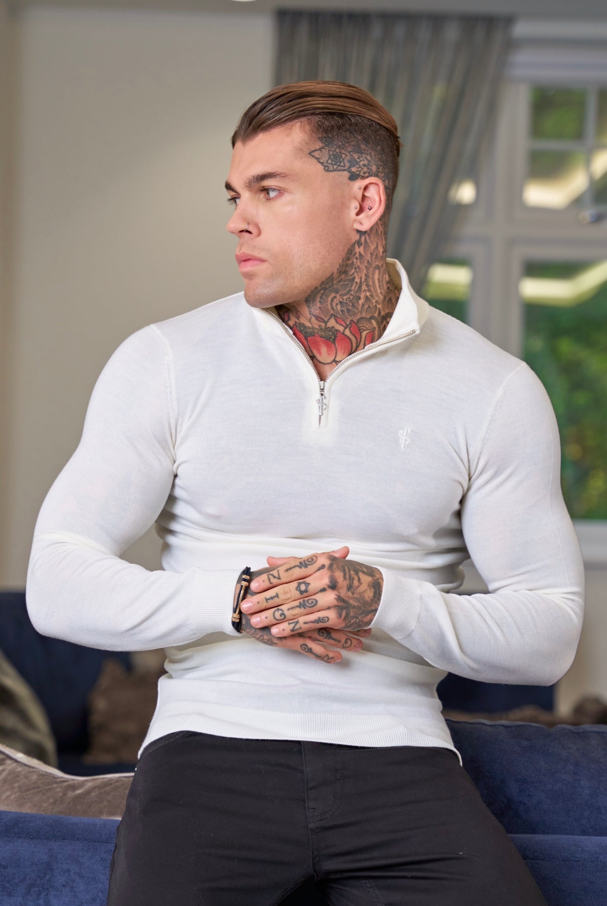 Classic White Merino Wool Knitted Funnel Neck Zip Long Sleeve Jumper With FS Embroidery- FSN021