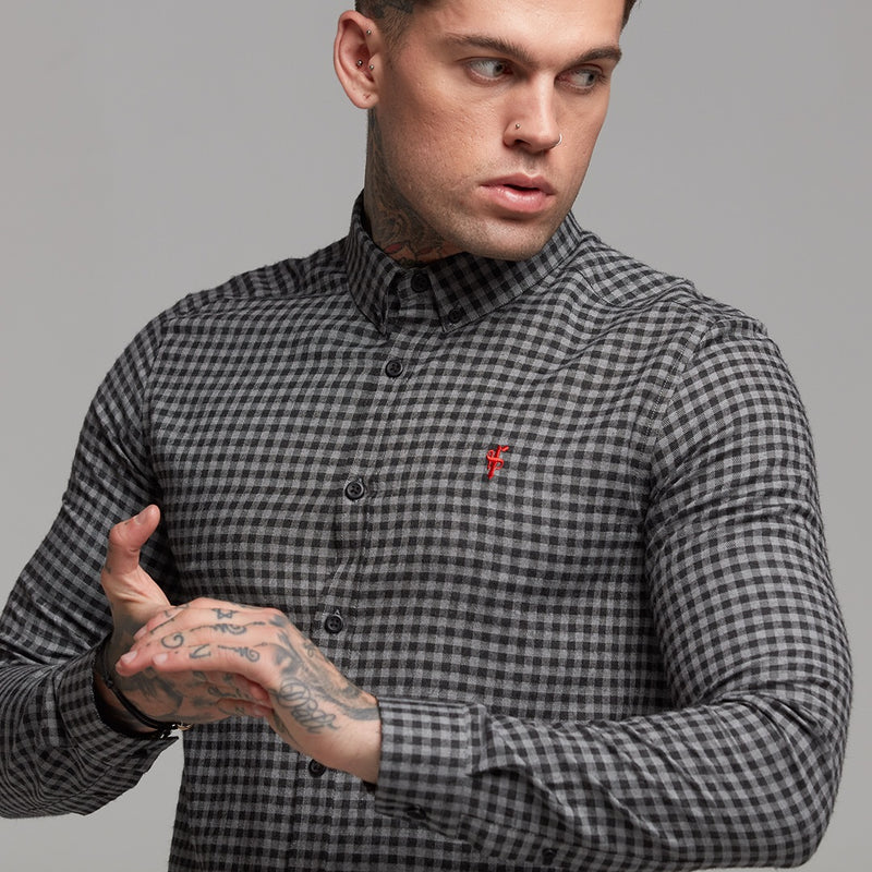 Father Sons Classic Black & Grey Brushed Check Long Sleeve (Red Emblem) - FS410 (LAST CHANCE)