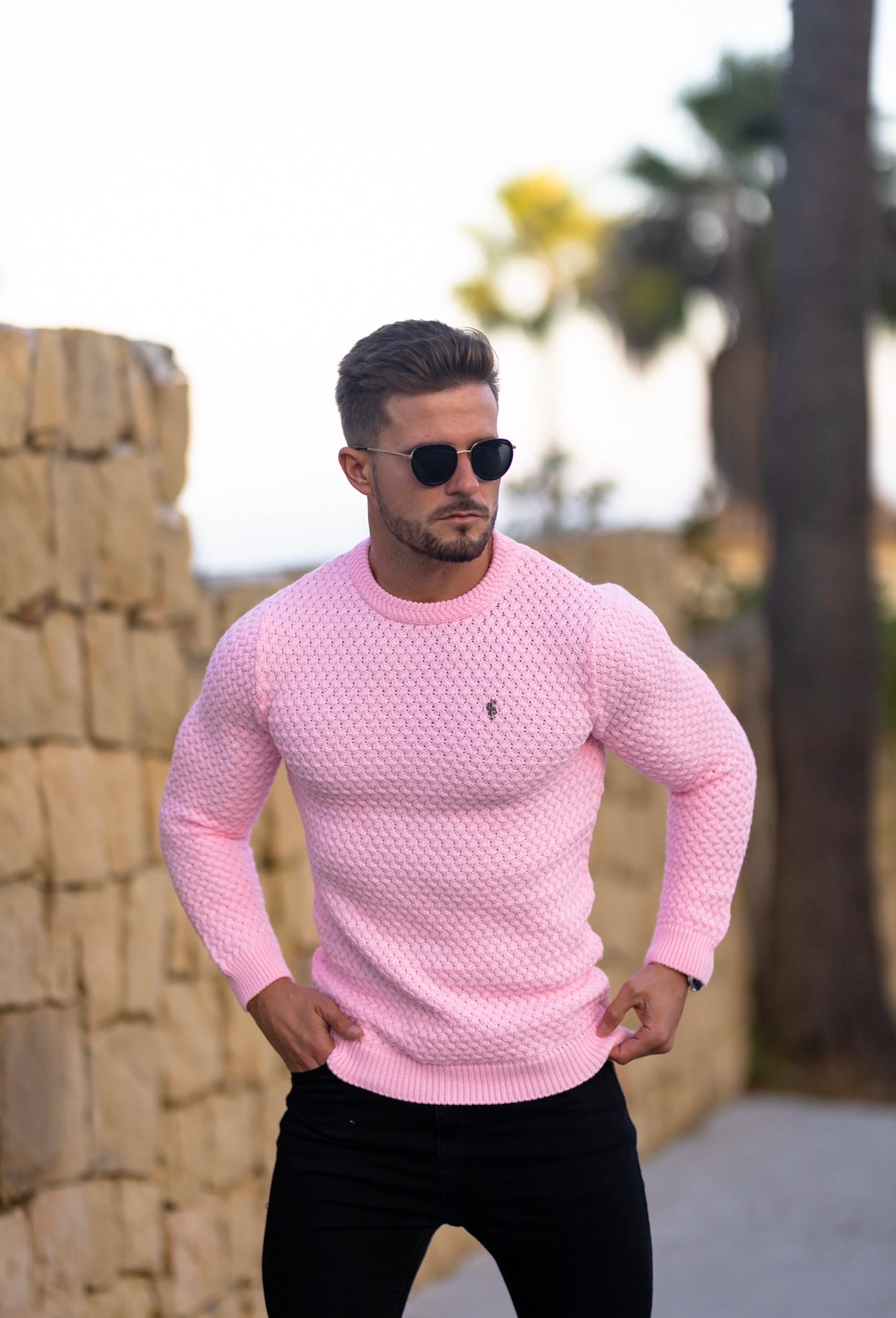 Pink Knitted Weave Super Slim Jumper With Metal Decal - FSJ023