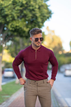 Father Sons Classic Burgundy and Gold Zip Knitted Long Sleeve Polo Shi