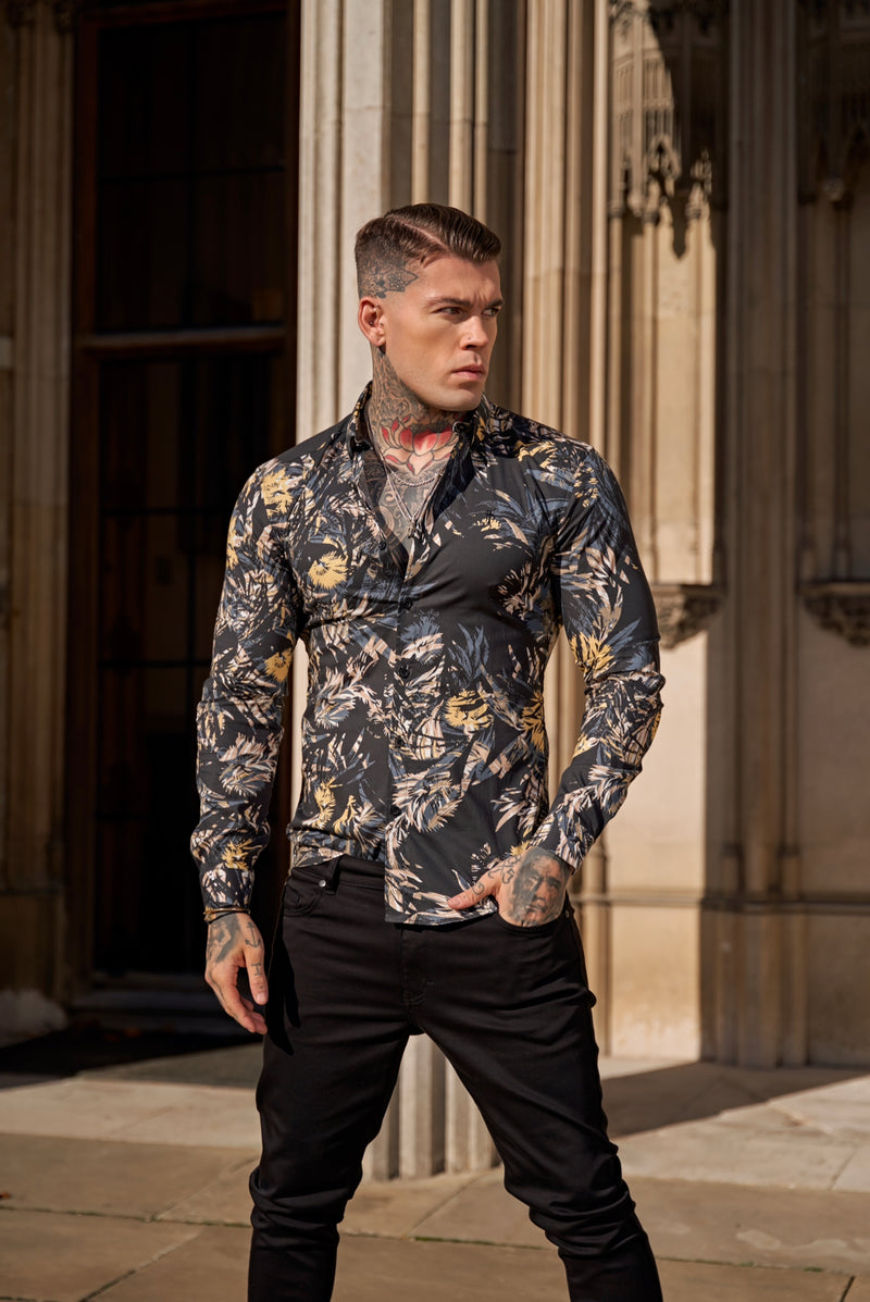 Father Sons Super Slim Stretch Dark Jungle Print Long Sleeve with Button Down Collar - FS906