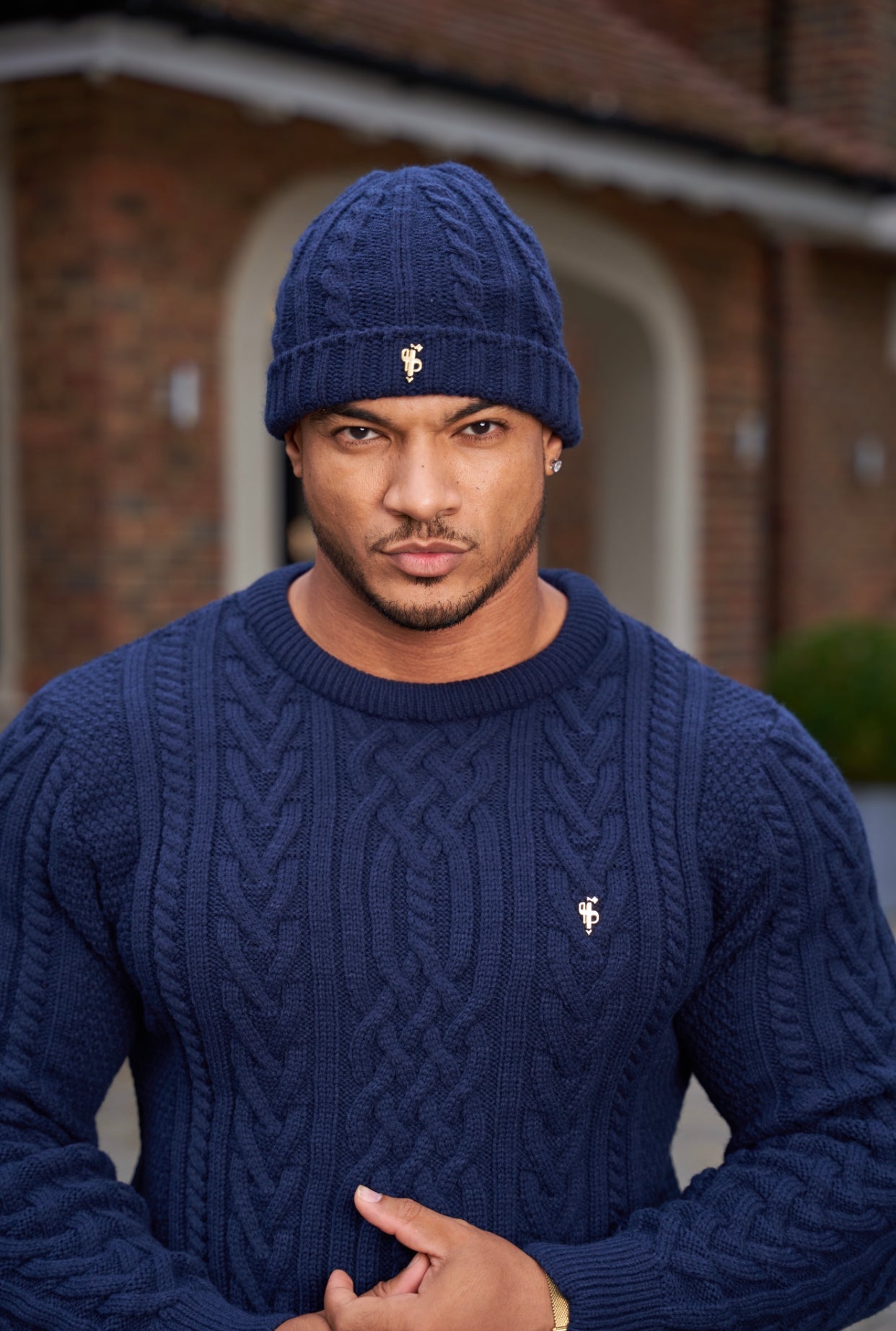 Navy Twisted Braid Weave Super Slim Jumper With Gold Decal - FSJ036