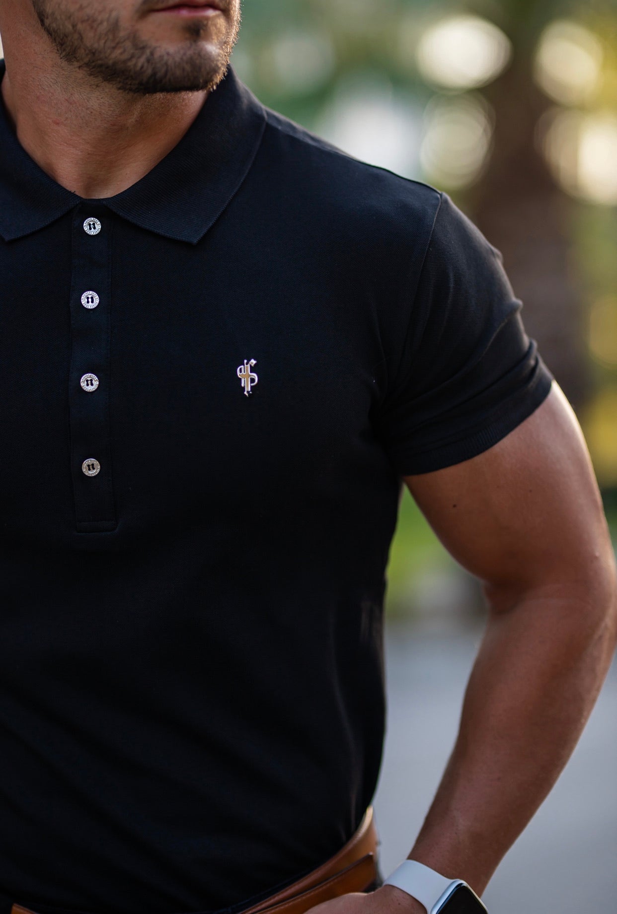 Classic Black Polo Shirt with Silver Metal Emblem Decal & Buttons - FSH459