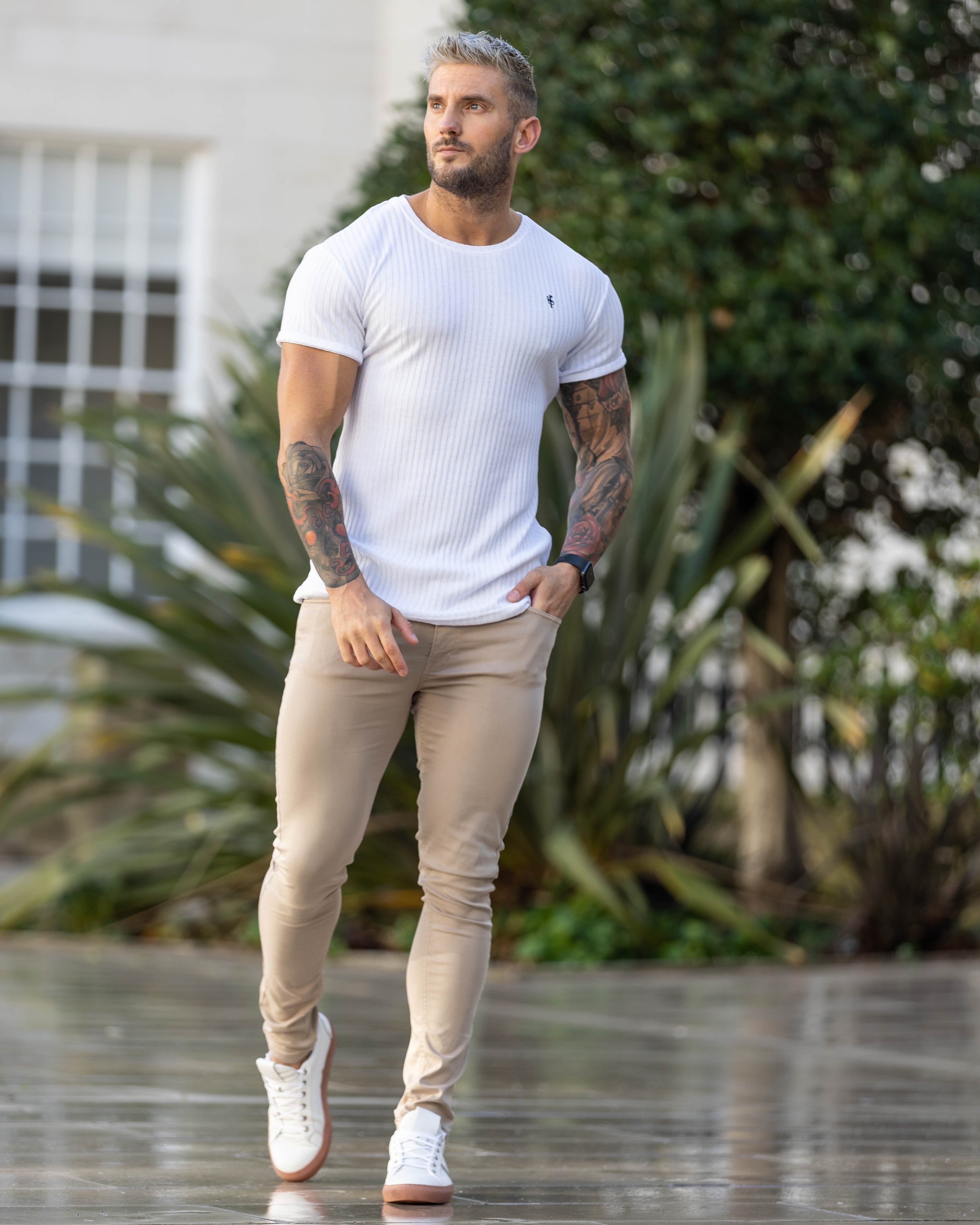 Classic White / Black Ribbed Knit Super Slim Short Sleeve Crew - FSH765
