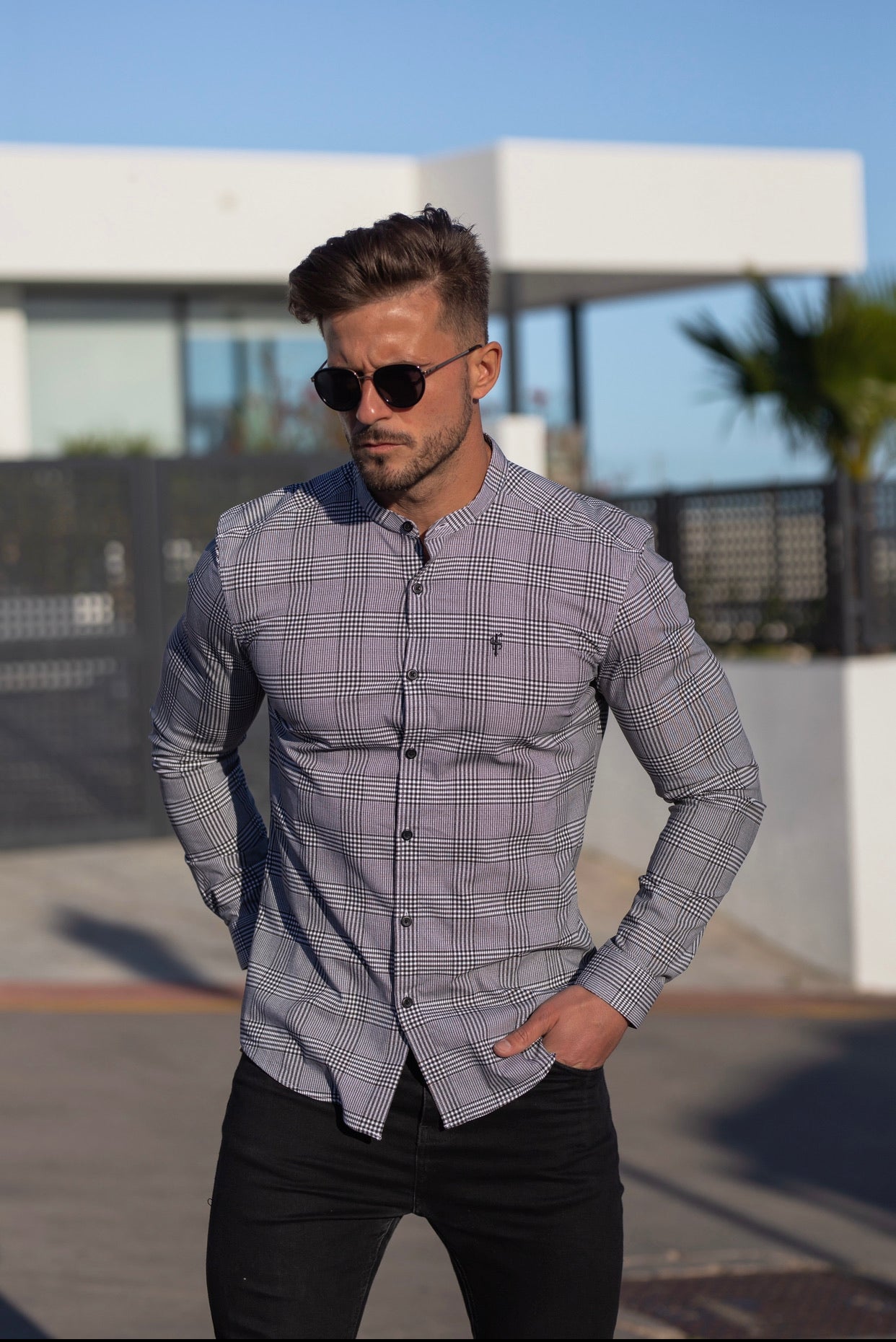 Super Slim Stretch Prince Of Wales White and Black Print Check Long Sleeve with Grandad Collar- FS746