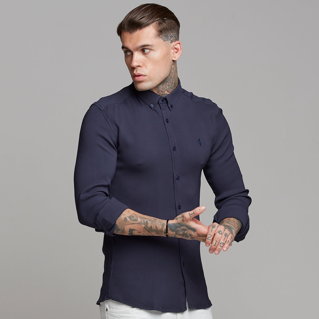Super Slim Stretch Ribbed Navy Long Sleeve - FS443