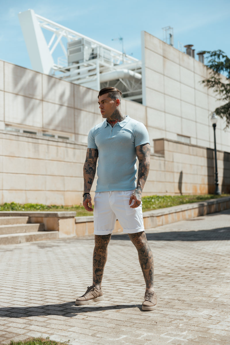 Father Sons Classic Powder Blue Merino Wool Knitted Zip Polo Short Sleeve Jumper With FS Embroidery- FSN031