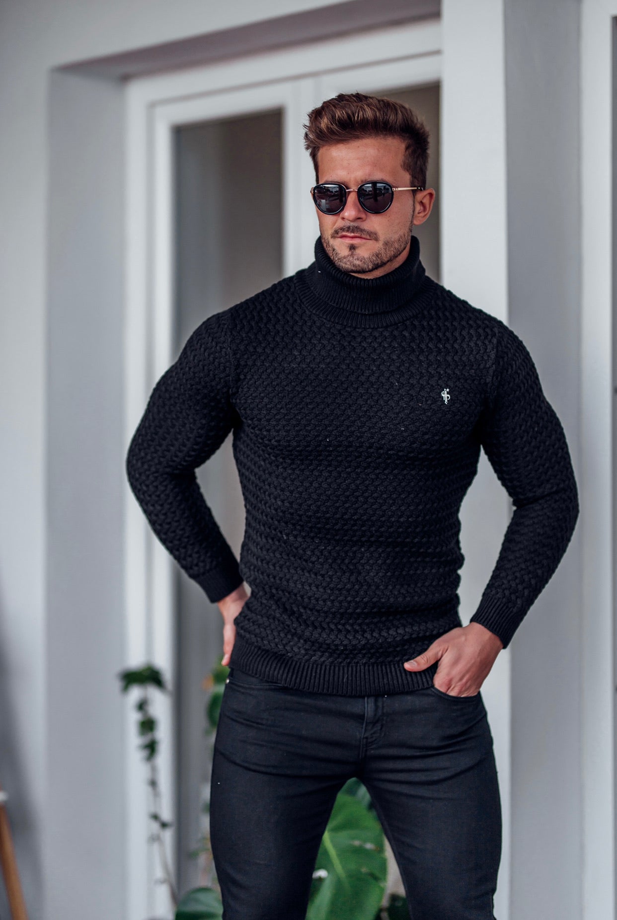 Black Knitted Roll Neck Weave Super Slim Jumper With Metal Decal - FSJ024