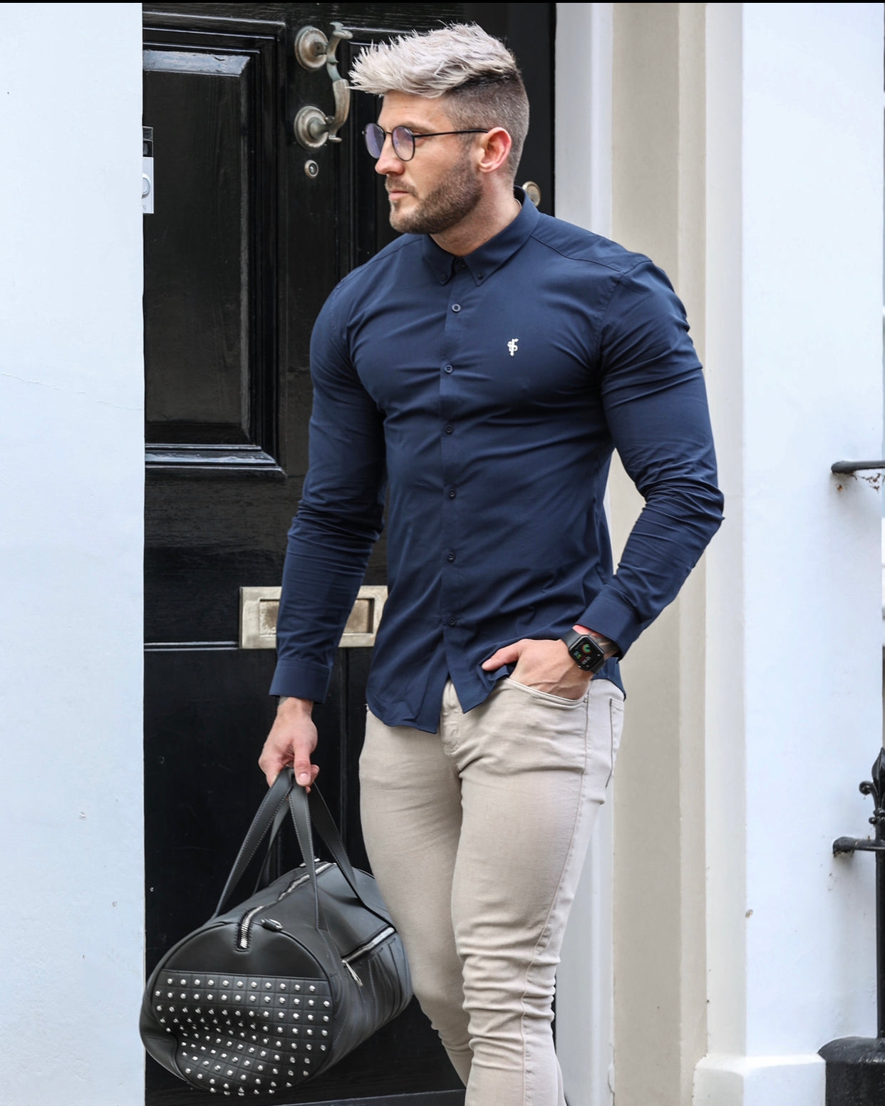 Super Slim Stretch Classic Navy Long Sleeve With Button Down Collar -  FS817
