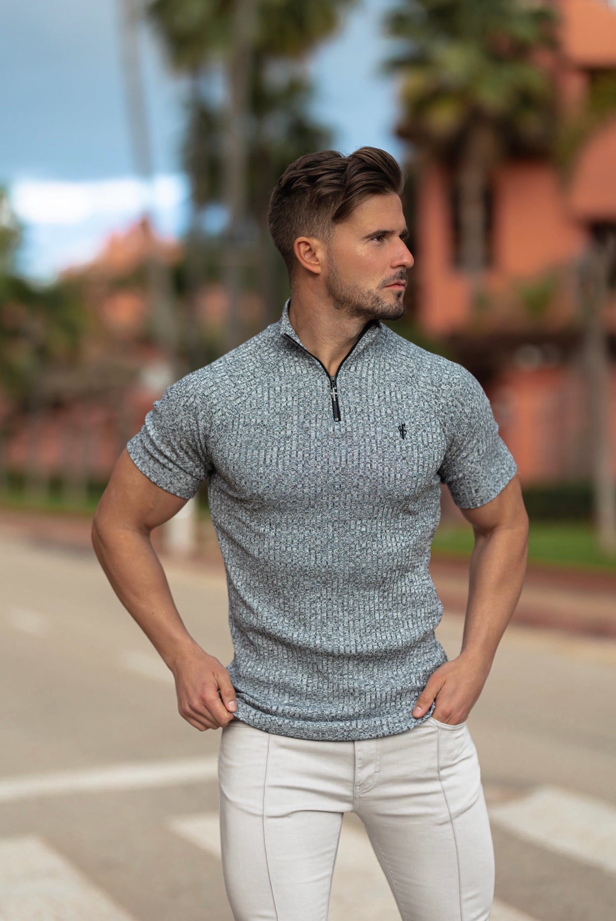 Classic Grey Ribbed Zip Funnel Neck Raglan Short Sleeve Crew - FSH730