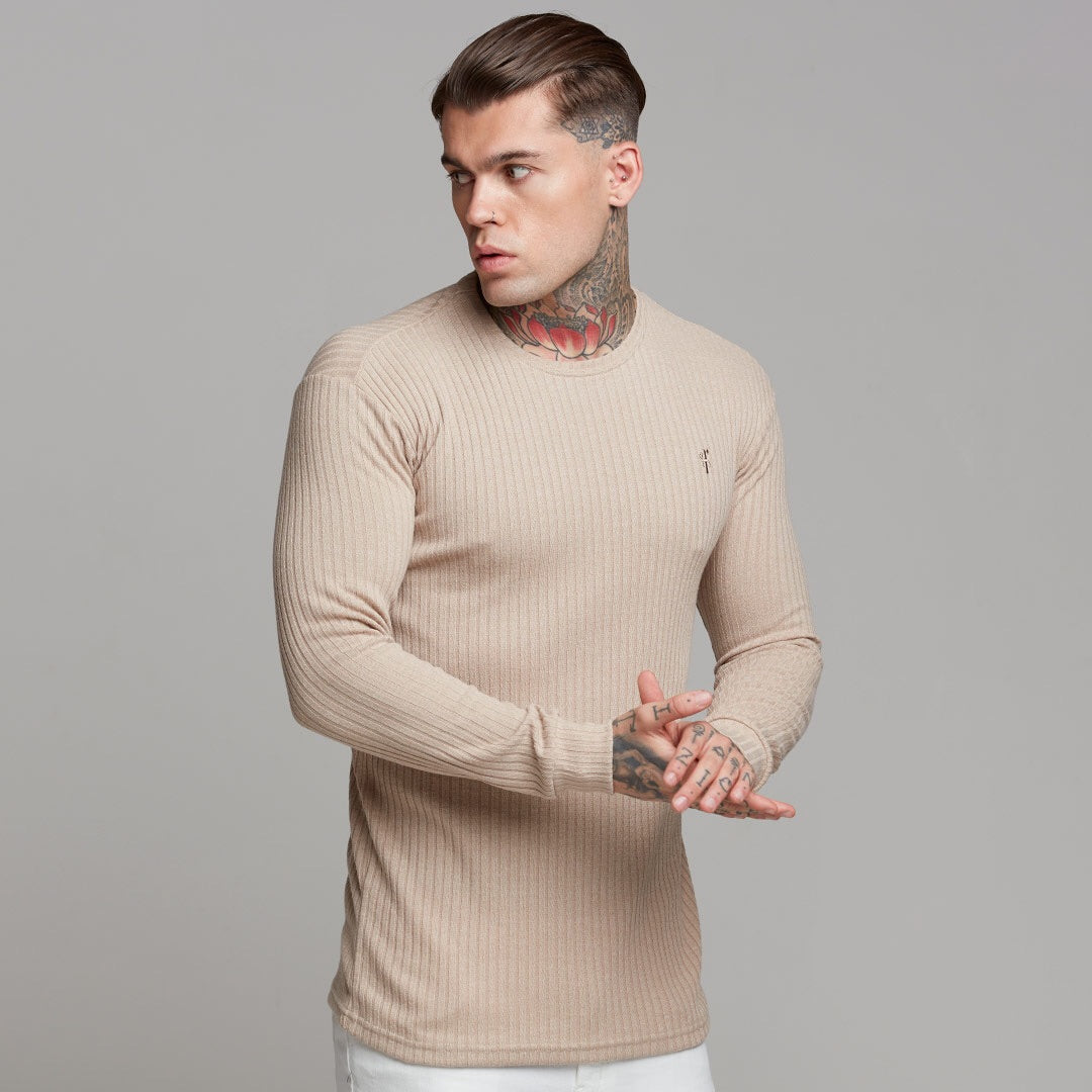 Classic Beige Long Sleeve Ribbed Knit Super Slim Crew - FSH293