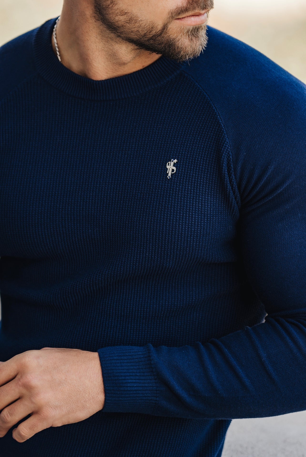 Navy Knitted Honeycomb Raglan Crew Super Slim Jumper With Metal Decal - FSN060
