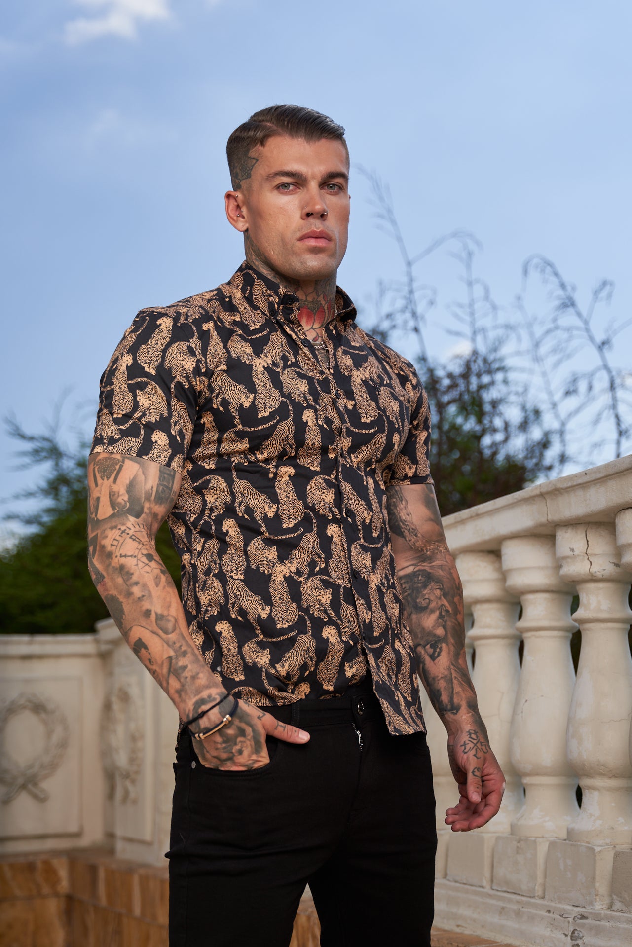 Super Slim Stretch Black / Tan Cheetah Print Short Sleeve with Button Down Collar - FS789