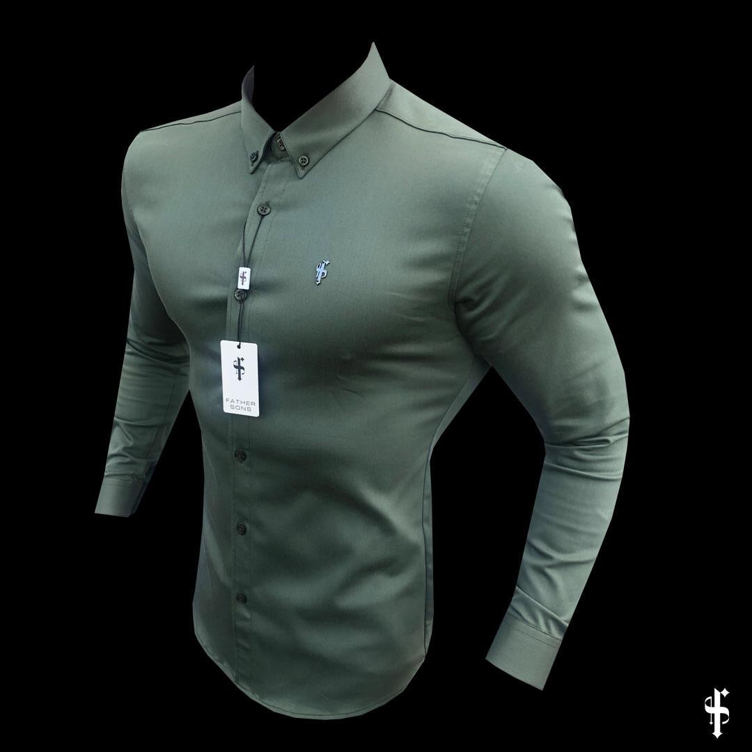 Super Slim Stretch Khaki Denim Long Sleeve with Metal Decal Emblem - FS632