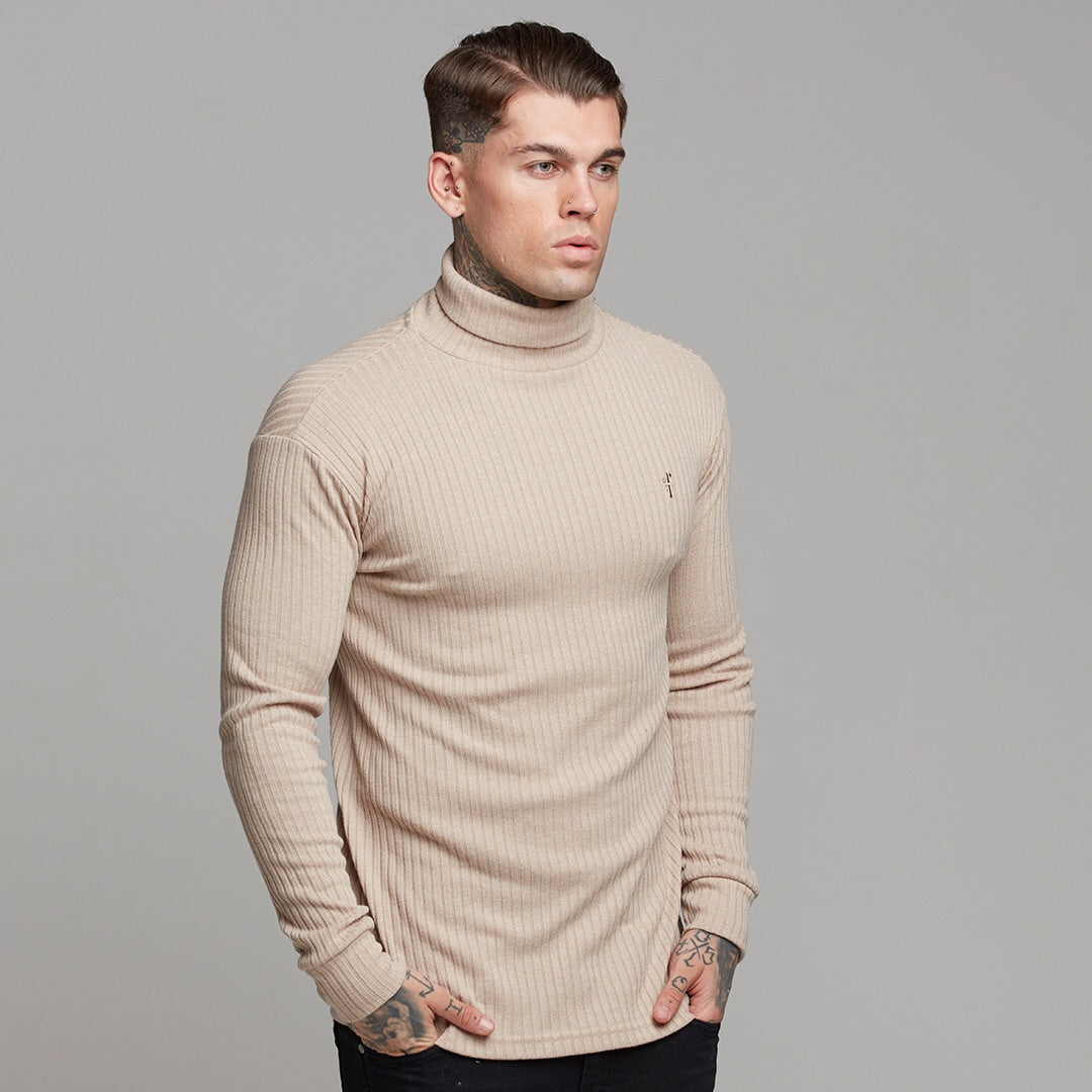 Classic Beige Ribbed Knit Roll-neck Jumper - FSH292