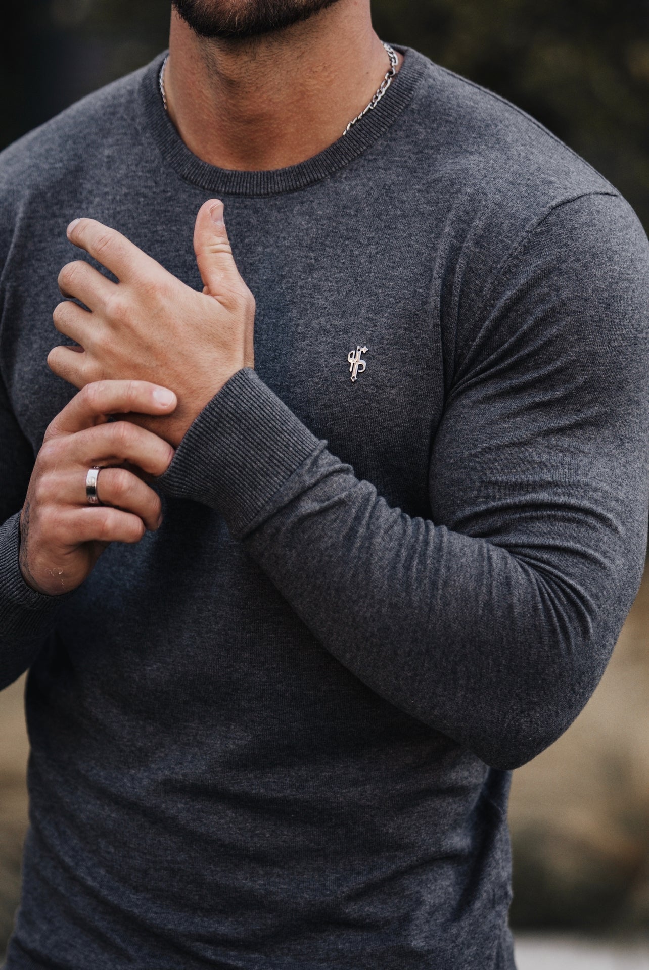 Classic Dark Grey Light Weight Knitted Crew Neck with Metal Decal - FSN096