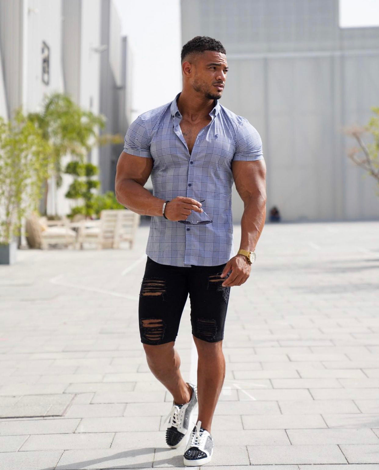 Super Slim Stretch Prince Of Wales White and Navy Print Check Short Sleeve - FS747