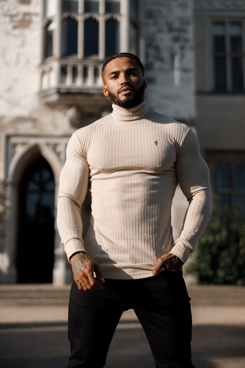 Father Sons Classic Beige / Black Ribbed Knit Roll Neck Jumper - FSH779