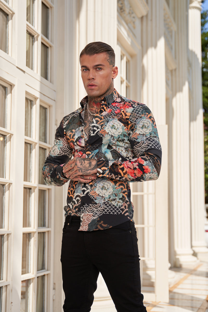 Father Sons Super Slim Stretch Multi Oriental Print Long Sleeve with Button Down Collar - FS771