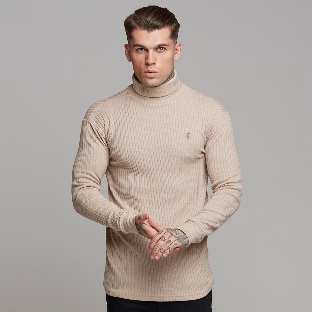 Classic Beige Ribbed Knit Roll-neck Jumper - FSH292