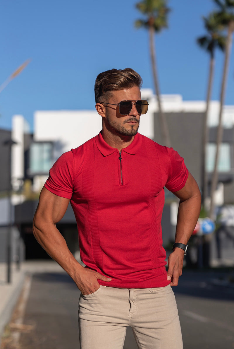 Father Sons Classic Red and Black Zip Knitted Short Sleeve Polo - FSH467