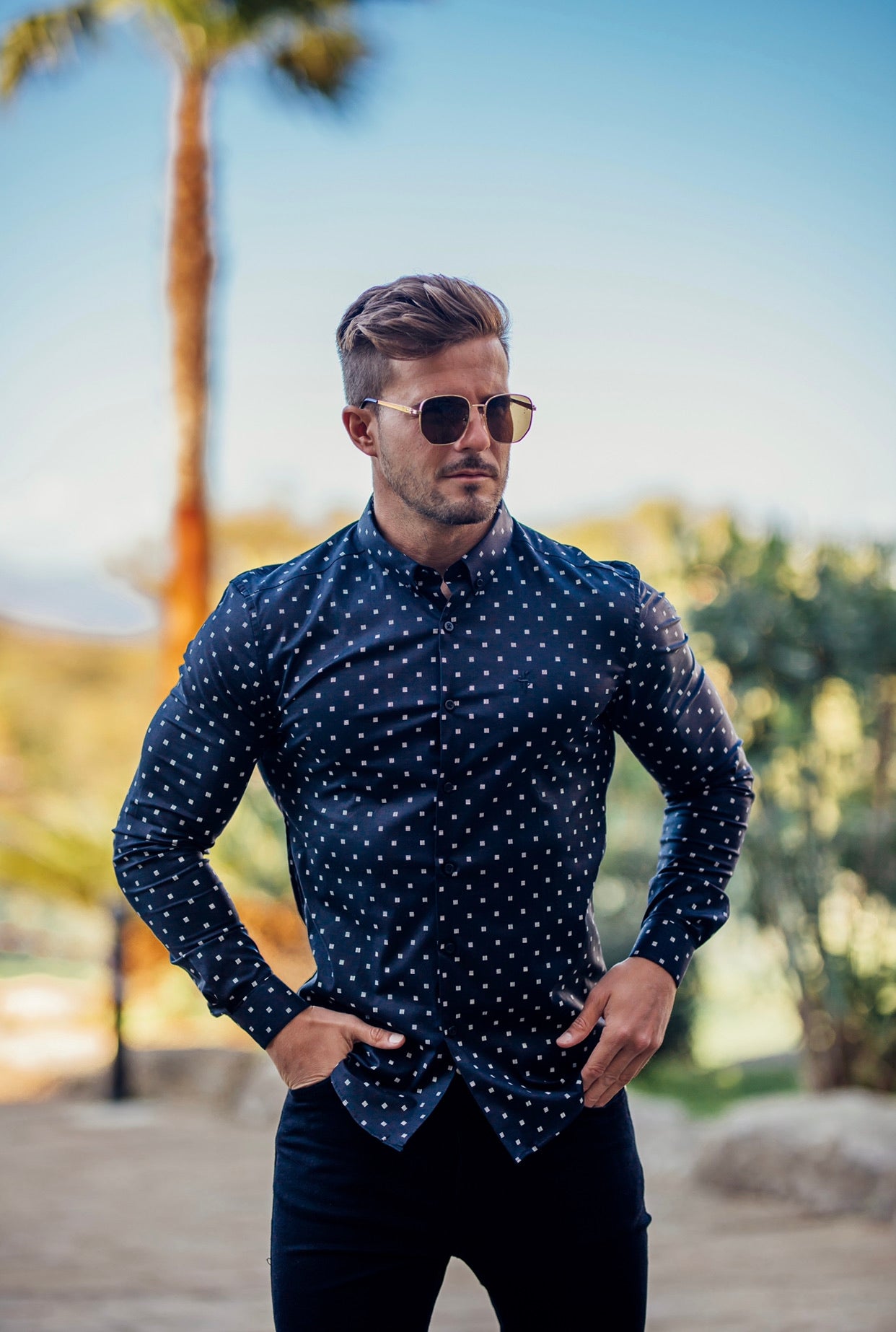 Super Slim Stretch Black & Off White Broken Square Print Long Sleeve - FS662