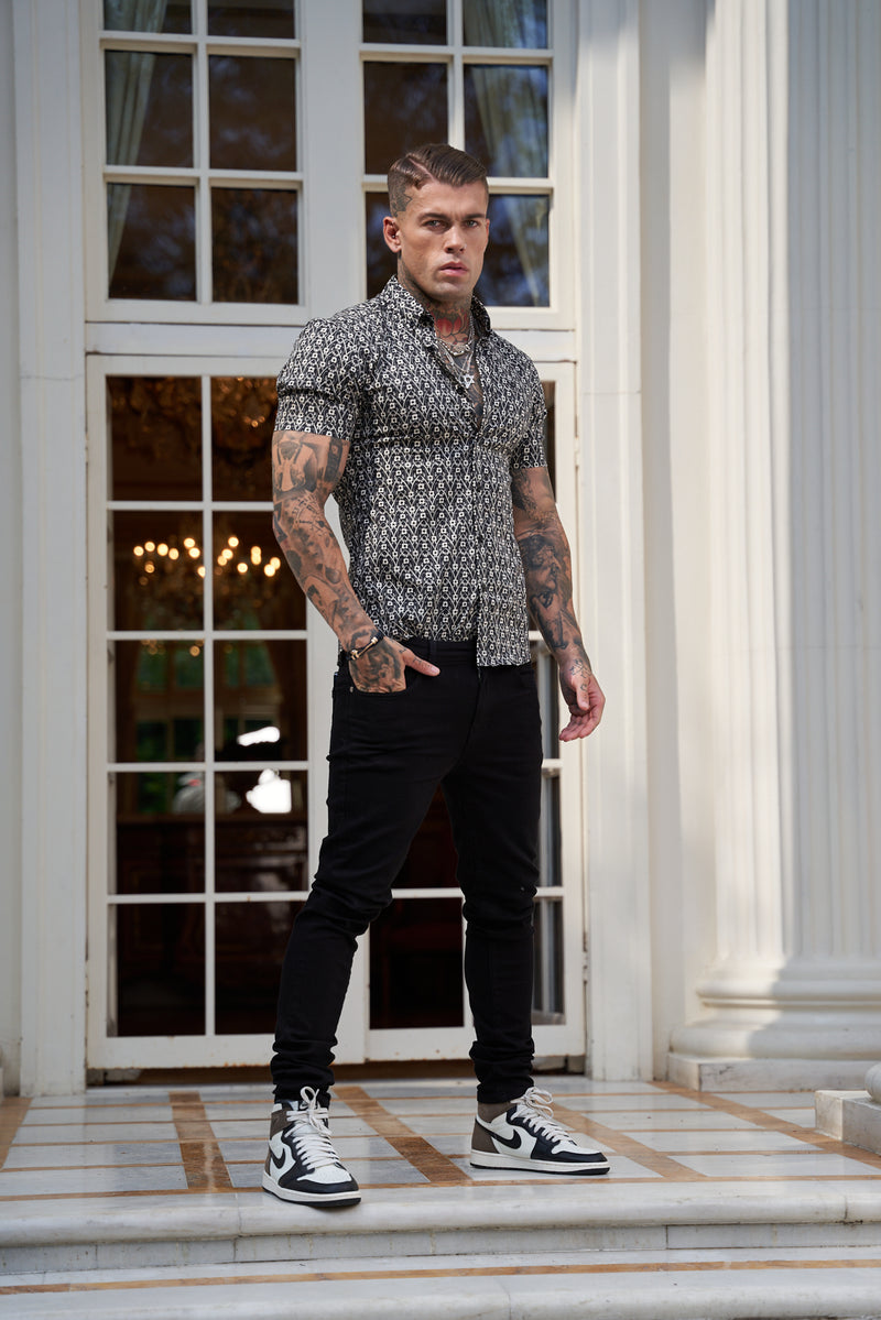 Father Sons Super Slim Stretch Black and Ecru Geo Flower Print Short Sleeve with Button Down Collar - FS787