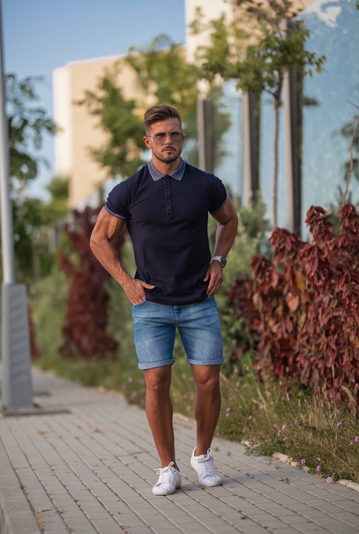 Classic Navy Honeycomb Textured Polo Shirt with Contrast Collar Short Sleeve  - FSH424