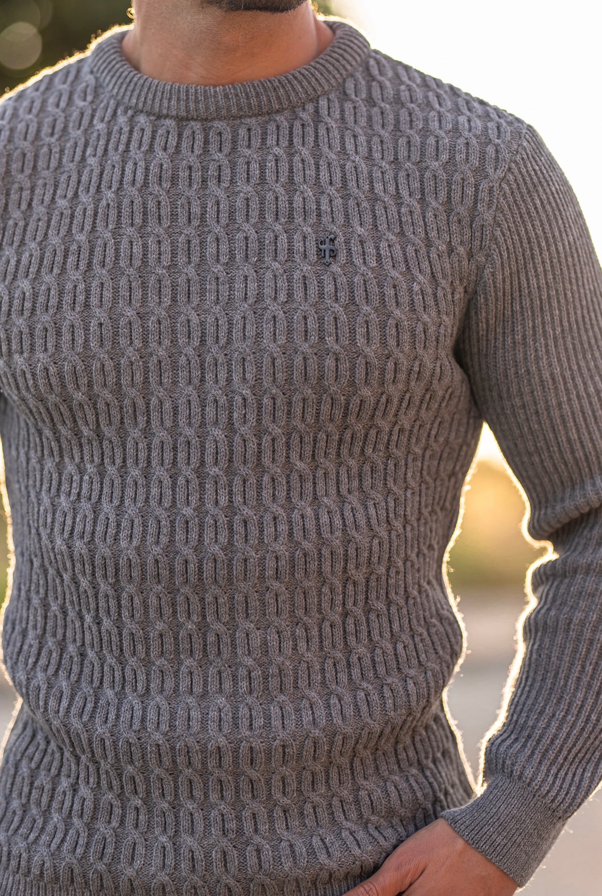 Charcoal Knitted Braided Super Slim Jumper With Metal Decal - FSJ032
