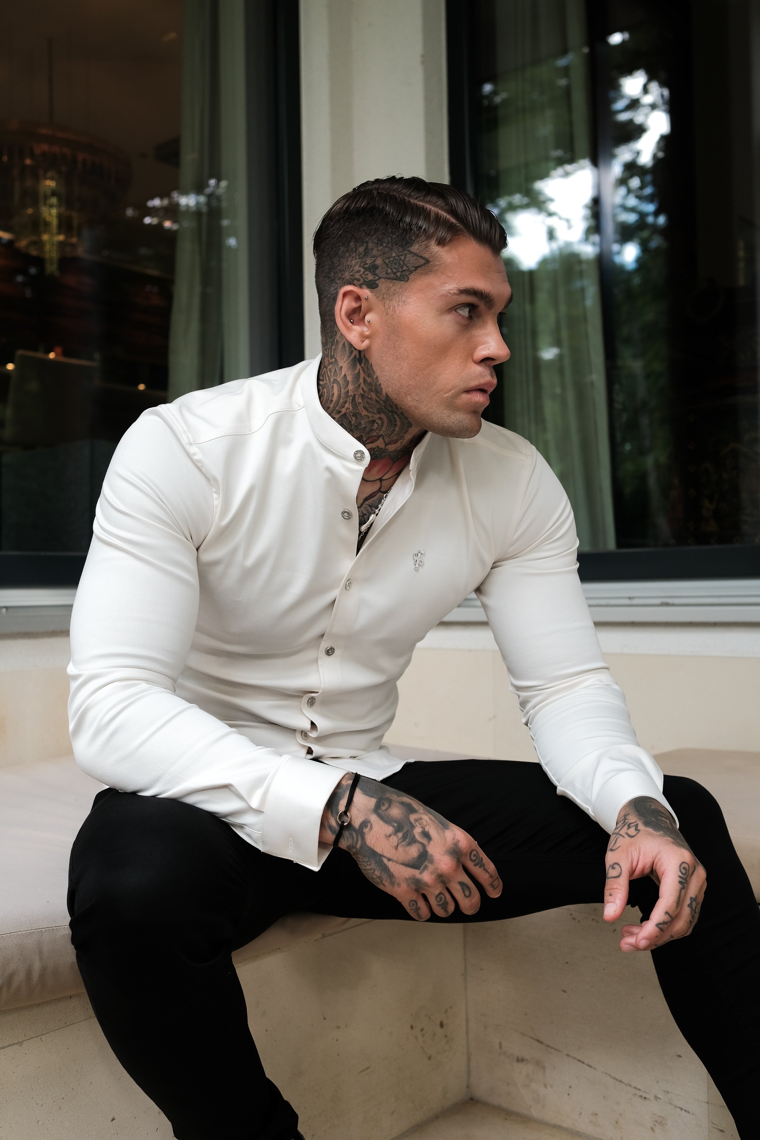 Super Slim Stretch Cream Denim Long Sleeve Grandad collar with Metal Buttons and Decal Emblem - FS725