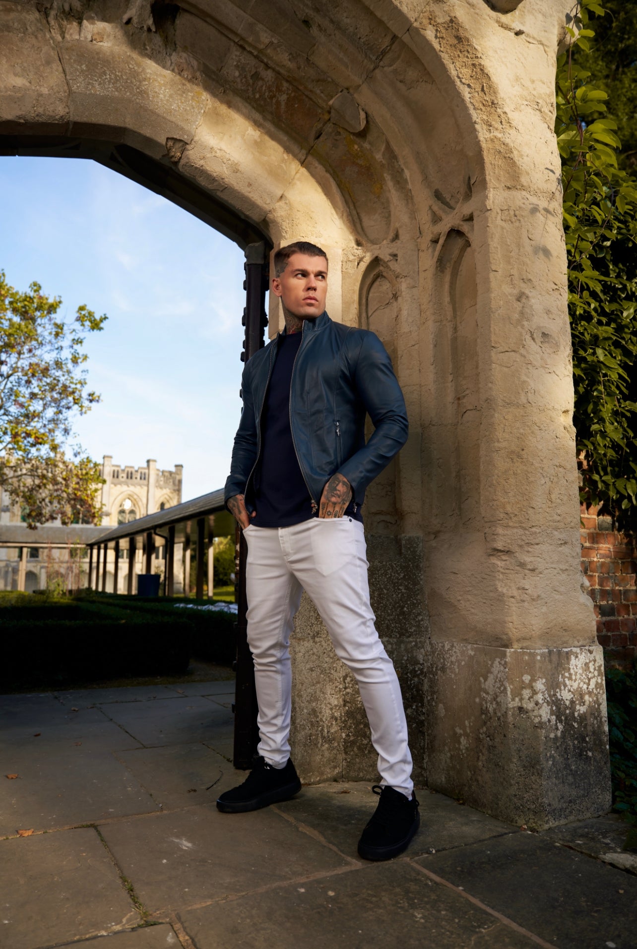 Navy Lambs Leather Jacket with Silver Zips - FSH790
