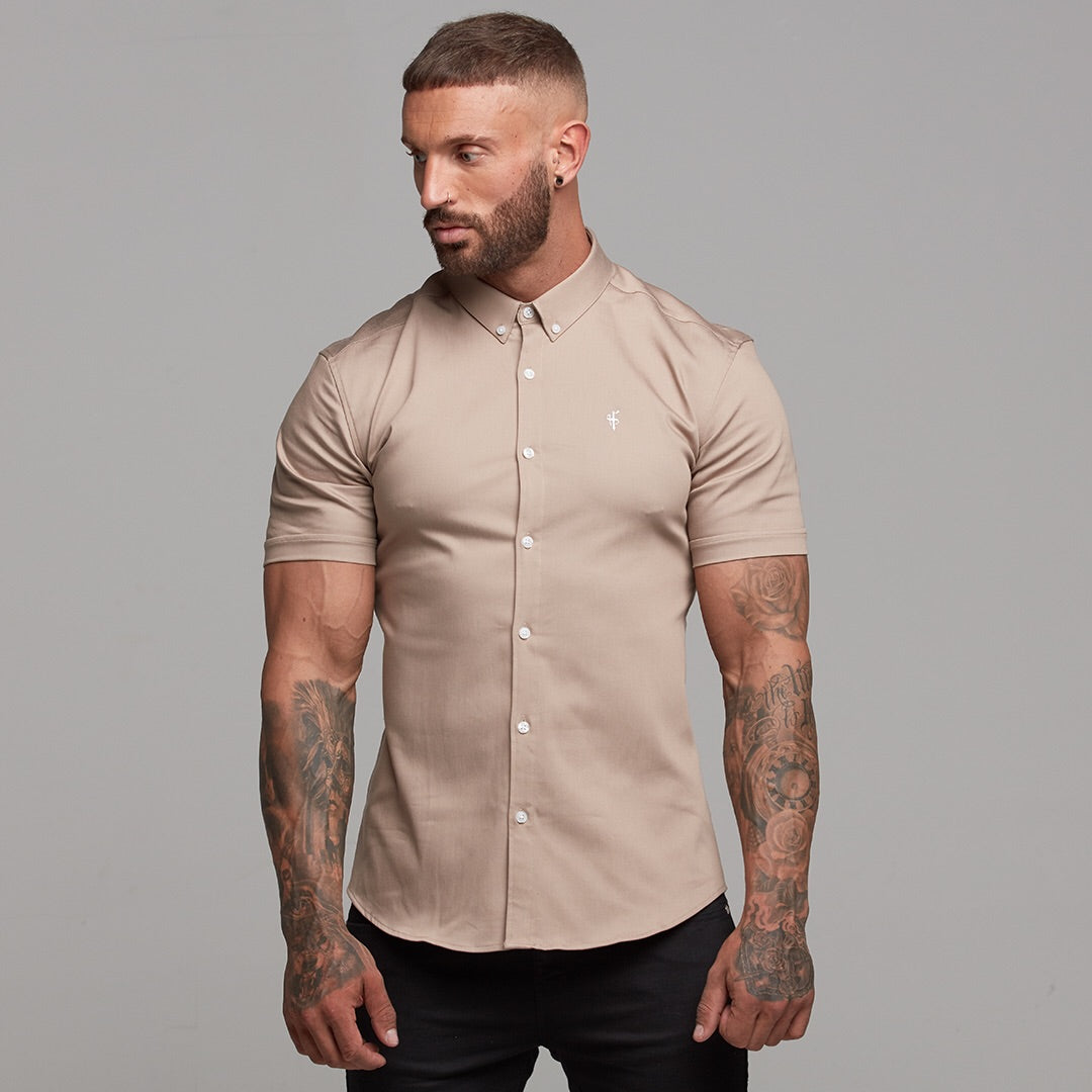 Super Slim Stretch Beige Denim Short Sleeve - FS344
