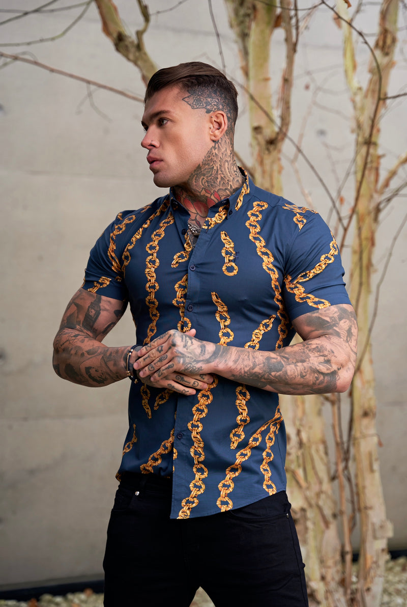 Father Sons Super Slim Stretch Airforce Blue / Gold Chain Print Short Sleeve with Button Down Collar - FS860