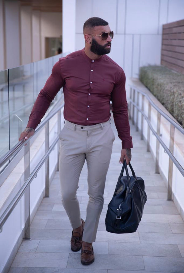 Father Sons Super Slim Luxe Ultra Stretch Classic Burgundy Long Sleeve with Grandad Collar - FS784