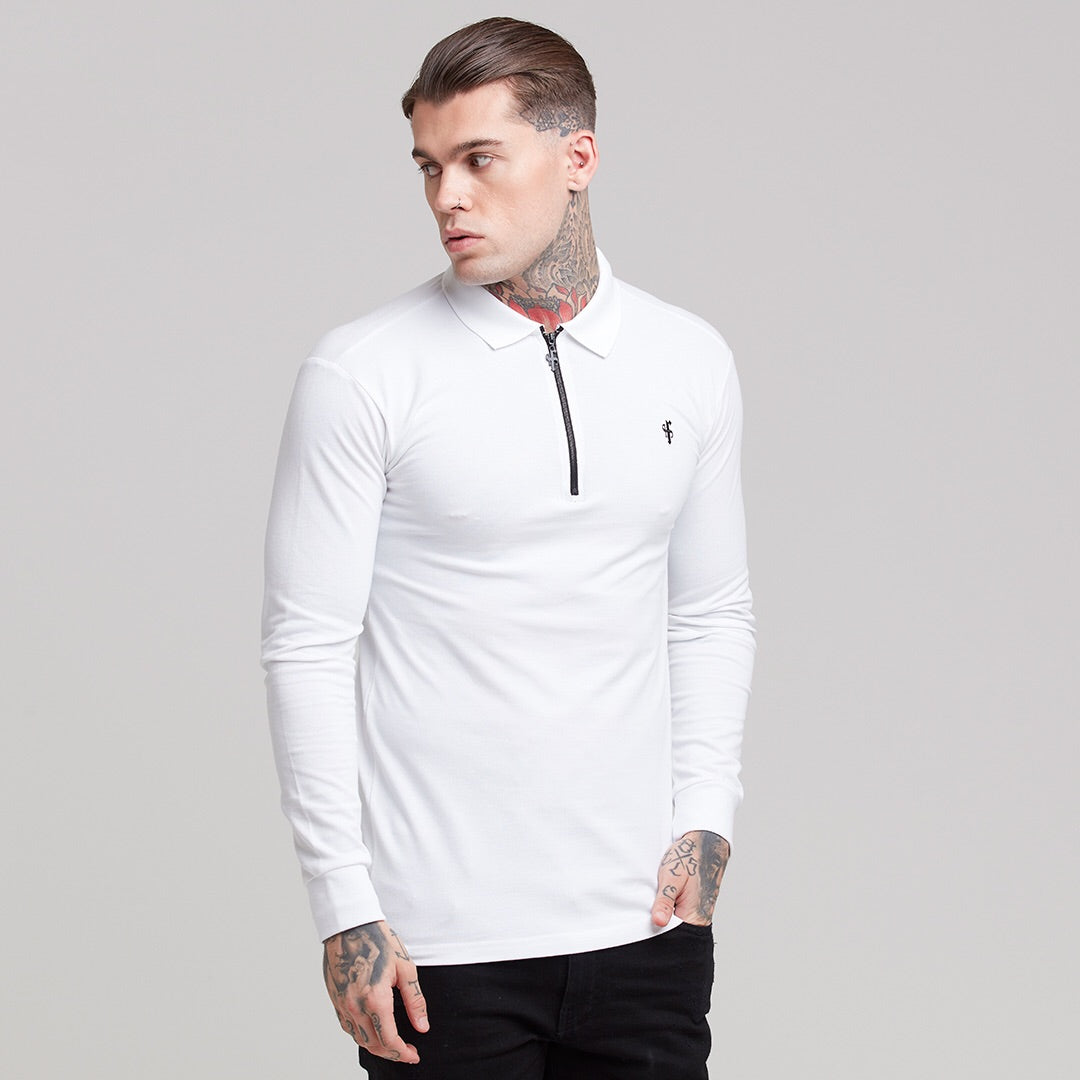 Classic White Zipped Long Sleeve Polo Shirt - FSH300
