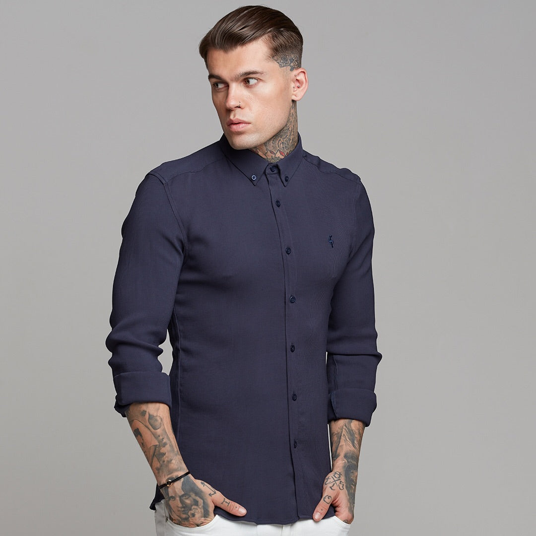Super Slim Stretch Ribbed Navy Long Sleeve - FS443