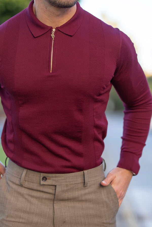 Father Sons Classic Burgundy and Gold Zip Knitted Long Sleeve Polo Shirt - FSH566