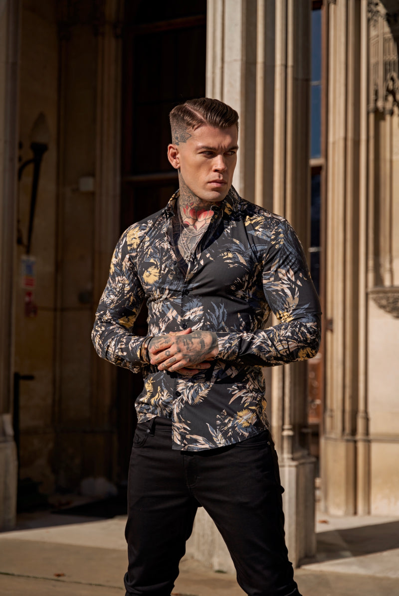 Father Sons Super Slim Stretch Dark Jungle Print Long Sleeve with Button Down Collar - FS906
