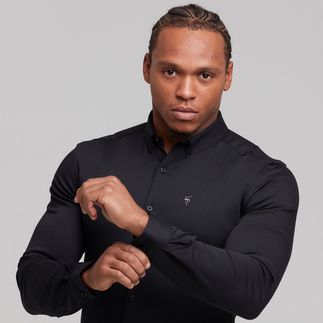 Super Slim Stretch Black Denim Long Sleeve (Silver Emblem) - FS295