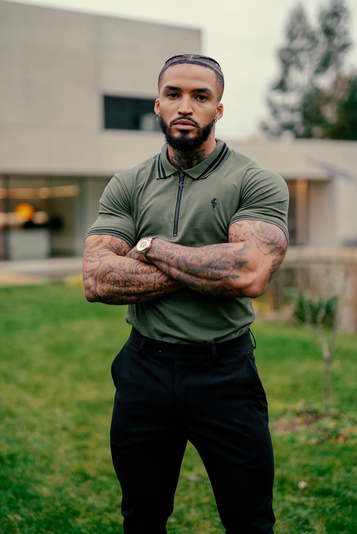 Khaki and Black Collar Contrast Zip Polo - FSH337