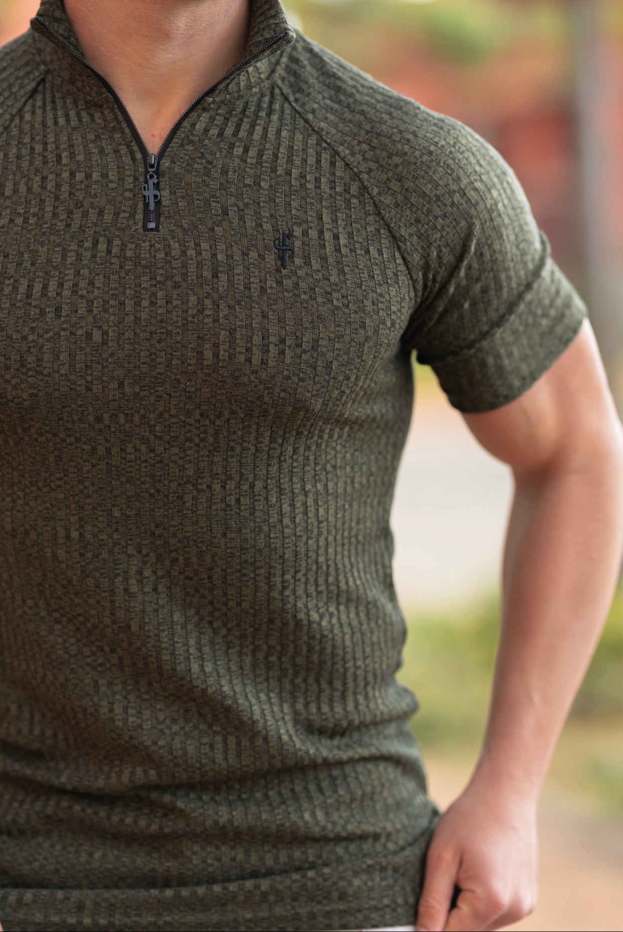 Classic Khaki Ribbed Zip Funnel Neck Raglan Short Sleeve Crew - FSH731