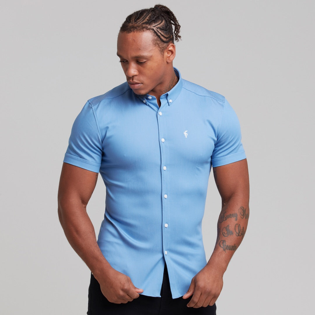 Super Slim Stretch Light Blue Denim Short Sleeve - FS200