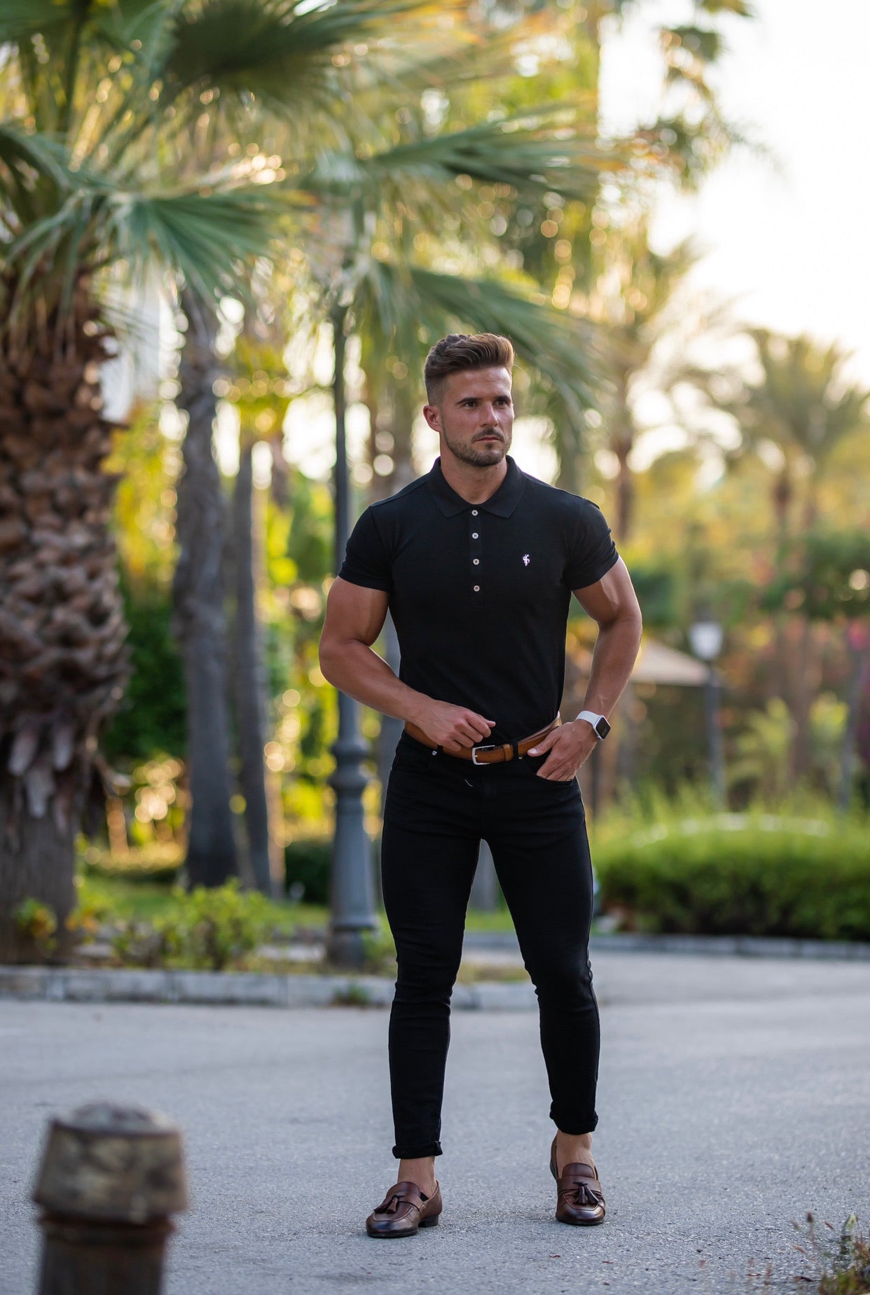 Classic Black Polo Shirt with Silver Metal Emblem Decal & Buttons - FSH459