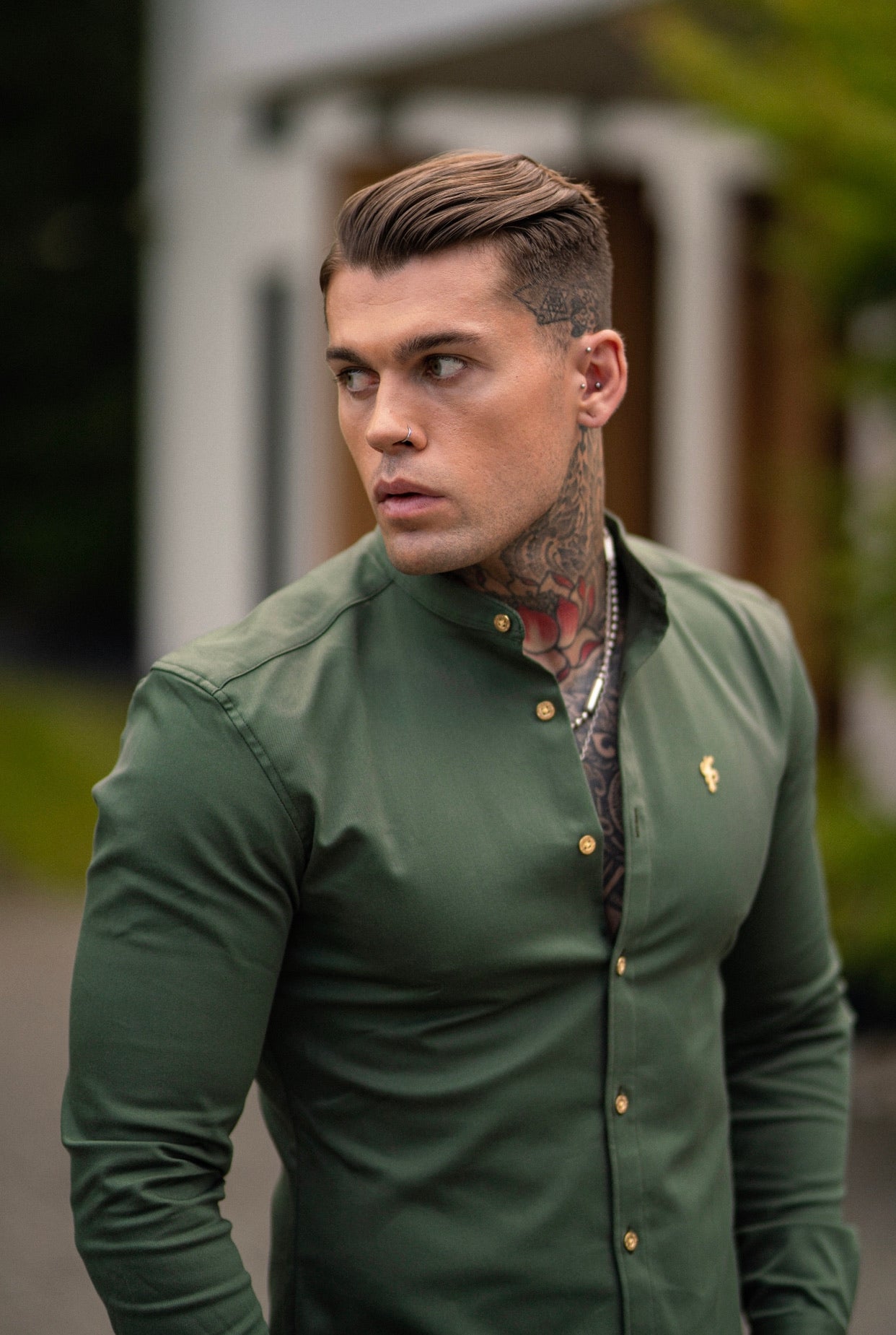 Super Slim Stretch Khaki Denim Long Sleeve Grandad collar with Metal Buttons and Decal Emblem - FS715