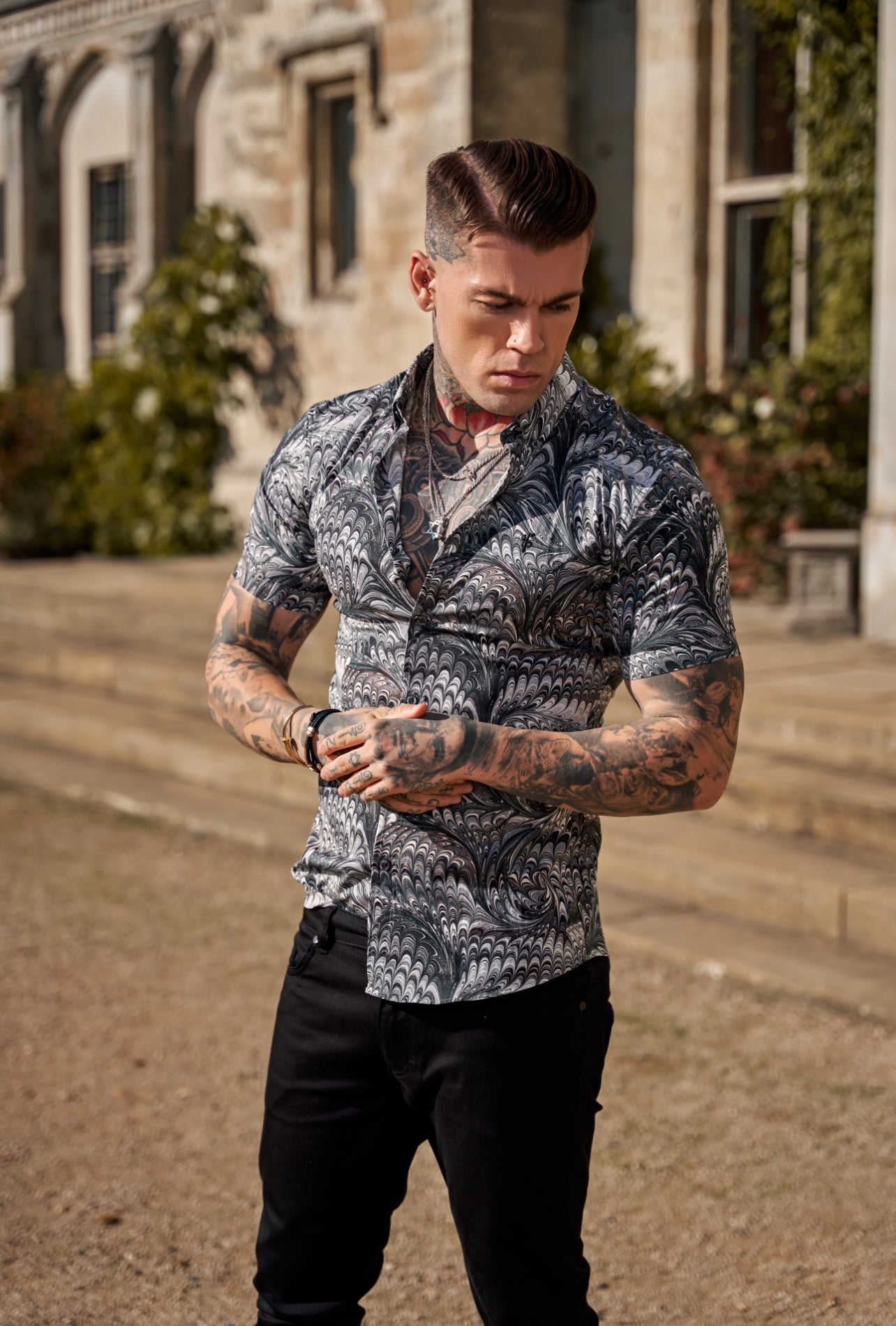 Super Slim Stretch Grey / Black Peacock Print Short Sleeve with Button Down Collar - FS913