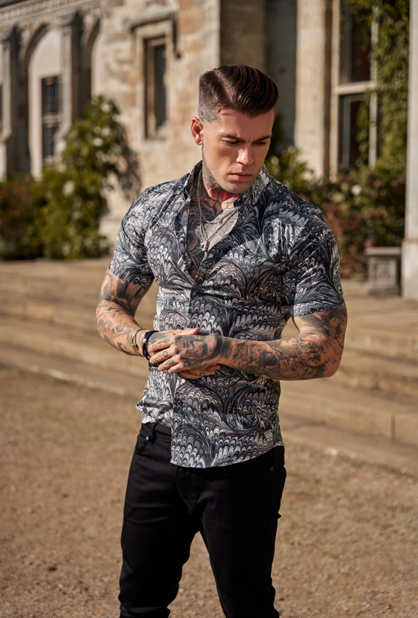 Father Sons Super Slim Stretch Grey / Black Peacock Print Short Sleeve with Button Down Collar - FS913