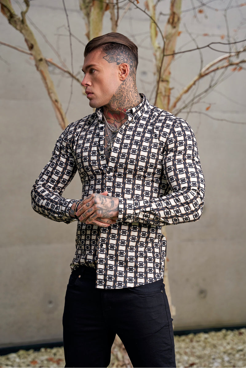 Father Sons Super Slim Stretch Black / Cream / Taupe Link Print Long Sleeve with Button Down Collar - FS848