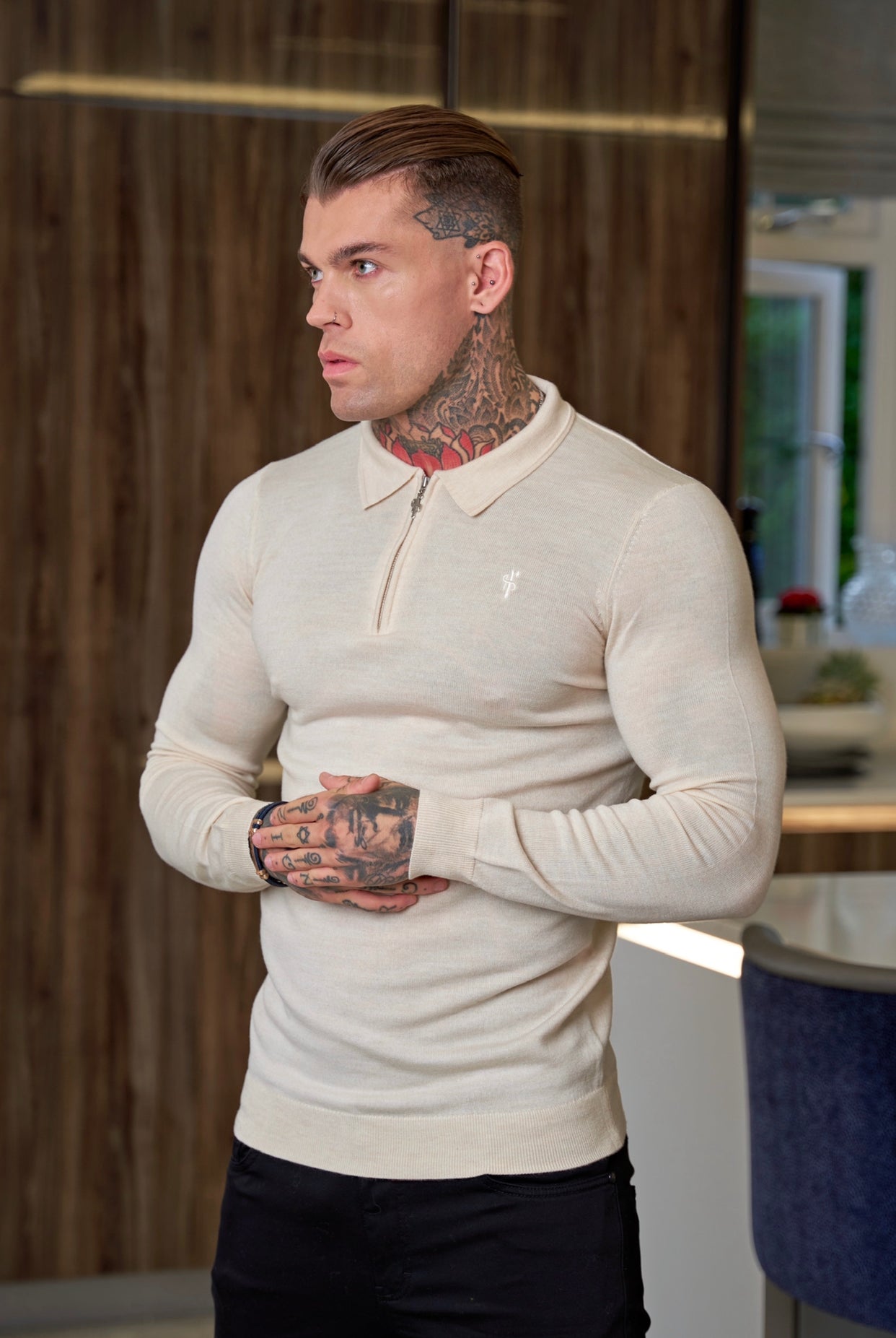 Classic Beige Merino Wool Knitted Zip Polo Long Sleeve Jumper With FS Embroidery- FSN008